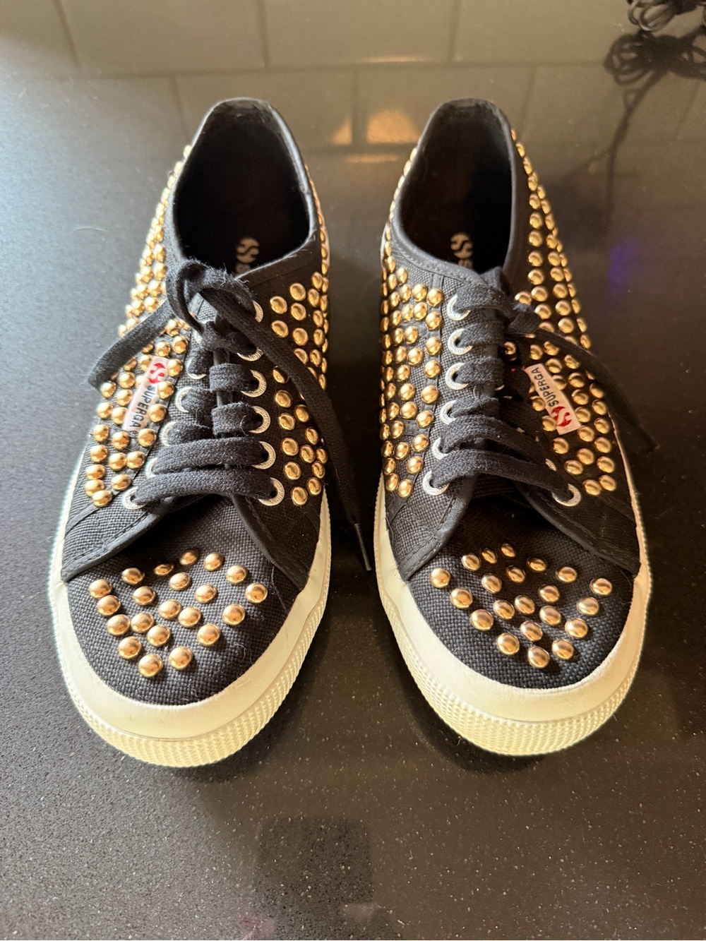 Superga Black Canvas Sneakers with Gold Studs